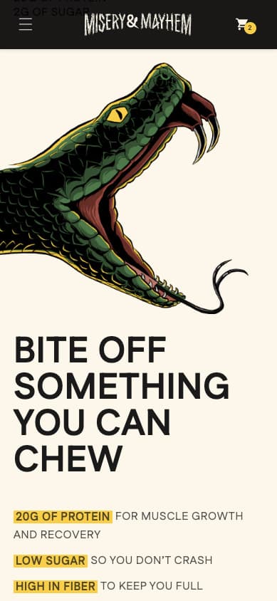 Misery & Mayhem - Another view of the Misery & Mayhem website, highlighting its modern design and functionality.