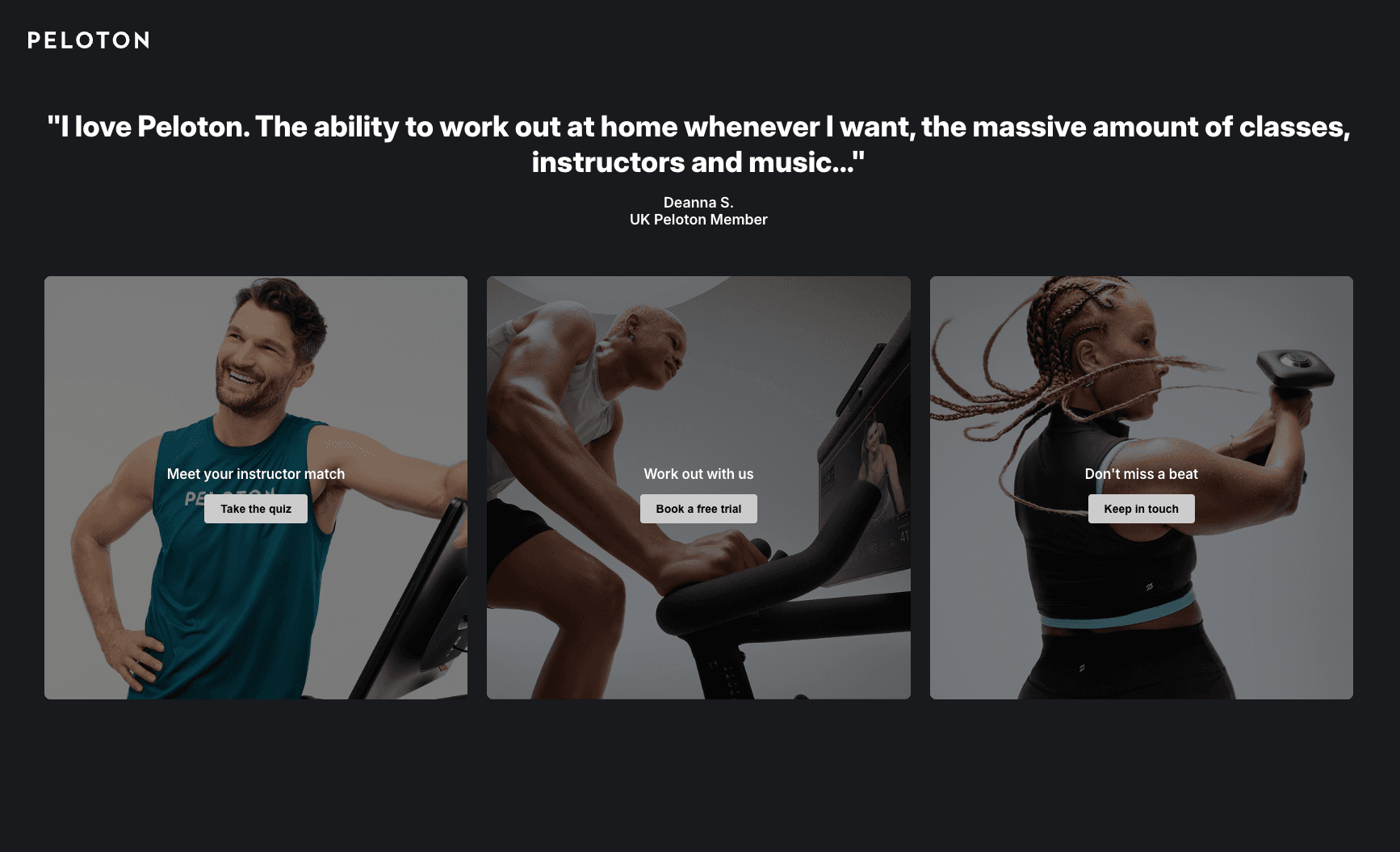 Peloton UK pop-up app interface showing member testimonials and interactive features
